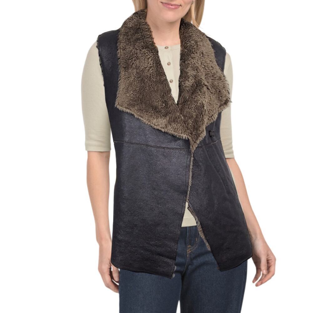 New Dylan Women's Cozy Faux Leather Fur Trim Snap Vest